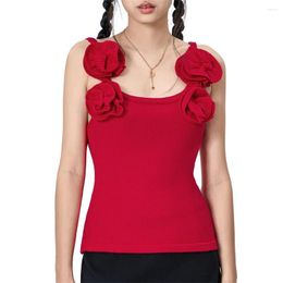 Women's Tanks Women Summer Sllm Fitted Tank Tops Sleeveless Knitted Vest Clothes Red Camisoles Y2k 3D Flower Decor Crop