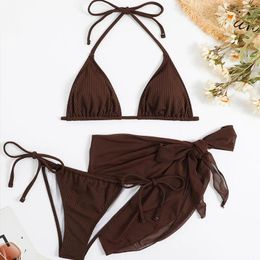 Women's Swimwear Bikini Set Sexy Brown Ribbed Micro Thong Mesh Cover Up Swimsuits Women 2024 String Halter Triangle Mini Mujer