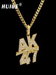 Men Women Rock Jewellery Gifts Gold Colour Bling AK47 Submachine Gun Rhinestone Pendants Necklaces Hip Hop Charm Chains1654386
