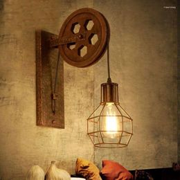 Wall Lamp Loft Decor Industrial Lamps Simple Pulley Vintage Bedroom Wandlamp Retro Iron LED Light Fixtures Wood Arandela