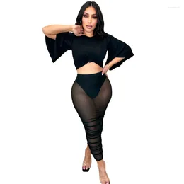 Work Dresses Fashion Design Mesh Two Piece Sets Women Solid O Neck Loose Flare Sleeve T-shirt And See Through Long Skirt Summer Sexy Outfits