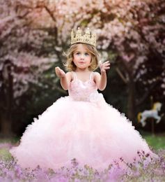 Blushing Pink Beauty Flower Girl Dress Sweetheart Applique BeadedSash Ruffles Tulle Pageant Dress 2017 Elegant Baby Girls Birthda8303126