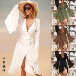 Beach Dress Women Summer 2024 Cover Up Swimwear Strap Flared Long Sleeve Cardigan Bikini Skirt Female Solid Polyester For