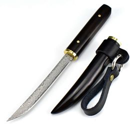 Retro Style Damascus Steel Pocket Knife Ebony Wood Handle Portable Folding Fishing Hiking Knife Sheath Customizable OEM Gift