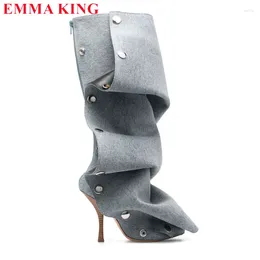 Boots Womens Patchwork Pleated Rivet Knee High Designer Heels Pointed Toe Long Women Punk Two Pieces Party Shoes