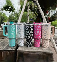 Leopard 40oz Stainless Steel Tumbler Personalised Laser Insulation Cup with Lid Straw Handdle Forwater Beer Mug Cups9135151