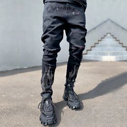 Black Stretch Denim Pencil Pants MAN Denim Street Punk Slim Fit Biker Trousers Mens Ripped Drill Jeans Skinny Jeans 240420