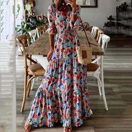 Casual Dresses Vintage Floral Printed Boho For Women Summer Sexy Short Sleeve Holiday Long Dress Female Pleated Loose Beach Party