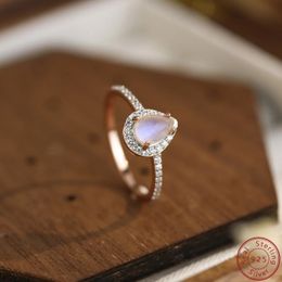 Europe and America 100% S925 Pure Silver Droplet Moonlight Stone Rose Gold Ring Female Minority Design Simple Exquisite 240424