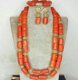 Nigeria Wedding Jewelry Handmade Original Coral African Beads Jewelry Set Gold Dubai Women Costume Jewelry Set Coral Party ABG8 224836509