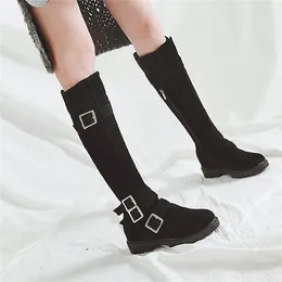 Boots YMECHIC Women Suede Buckle Strap Long Knight Knitting Zipper Knee High Ridding Boot Black Ladies Shoes Plus Size Footwear