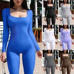 Women Yoga Jumpsuits One Piece Workout Ribbed Long Sleeve Rompers Square Neck Sport Exercise Bodysuits Gym Sportswear 240425