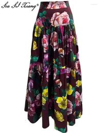 Skirts Seasixiang Fashion Designer Spring Summer Cotton Skirt Women High Waiste Rose Floral Print Vintage Party Sicily Long