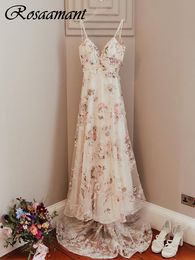 Luxury Pearls Beading Spaghetti Straps Wedding Dresses A-Line Sleeveless 3D Floral Lace Bridal Gowns Robe De Mariee