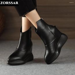 Boots 2024 Cow Leather Platform Ankle Ladies Fashion Wedge Shoes For Women Sexy Round Toe High Heel Autumn Pumps Woman