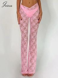 Women's Pants Joskaa Sexy Lace See Through Pink Trousers Women Stunning Elastic Waist Pleated Tight Micro Flared 2024 Nightclub Wear