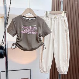 Clothing Sets 3-12Y Girls Clothes Summer Korean Style Pearl Beadings Drawstring Kids T-shrits Loose Pants Teen Children Two Piece Suit