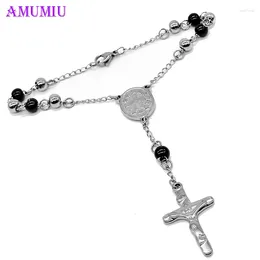 Link Bracelets AMUMIU 6MM Bible Cross Charm Cuff Stainless Steel Rosary Beads & Bangles Unisex Religion Pulseira B019