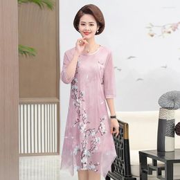 Party Dresses Summer Casual Female Elegant For Women Net Yarn Print Knee-length Round Neck Floral Dress Fashion Clothing