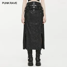 Skirts PUNK RAVE Women's Daily Straight High Slit Long Skirt Matching Leather Binding Cracked Patent Black Goth