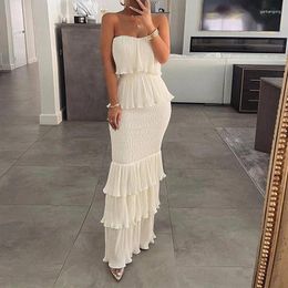 Casual Dresses Fashion Pleated Cascading Ruffles Women Elegant Party Sexy Tube Top Slim Bodycon Long Dress Solid Colour Lady