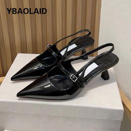 Dress Shoes Spring Summer Shiny Leather Slingback High Heels Women Pumps Pointed Toe Shallow Thin Heel Buckle Strap Botas Sandals