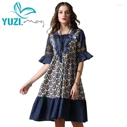 Party Dresses Summer Dress 2024 Yuzi.may Boho Denim Patchwork Vestidos Square Collar Half Sleeve Floral Print Women A82092