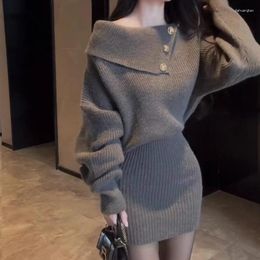 Casual Dresses White Women Sweater Dress 2024 Spring Korean Fashion Slash Neck Bodycon Knitwear Solid Wild Slim High Waist Vestidos