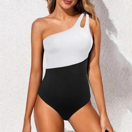 Women's Swimwear Sexy Bikini 1 Piece Swimsuit Splicing Type Slanted Shoulder Hollow Out High Waisted Bottoms