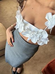 Women's Tanks Sexy 3D Floral Strap Crop Tops For Women 2024 Summer Sleeveless Bodycon Cut Out Halter Camisole Female White Bustier Corset