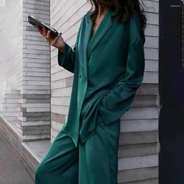 Women's Two Piece Pants 2 Pcs/Set Women Coat Suit Formal Business Style Solid Colour Long Sleeve Loose Turn-down Collar Wide Leg Straight