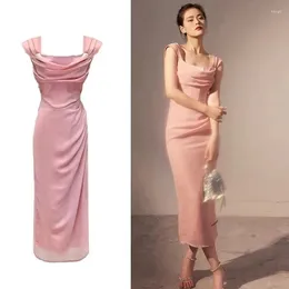 Casual Dresses Fashion Summer Pink Bodycon Split Midi Dress Elegant Women Square Collar Sleeveless Tank Mesh Fold Ruched Prom Pencil