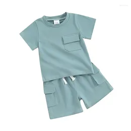 Clothing Sets Toddler Boys Summer Outfits Solid Colour Pocket Short Sleeve T-Shirts Tops And Elastic Waist Shorts 2Pcs Clothes Set