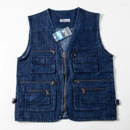 Men's Vests 5XL 4XL Denim Vest Multi Pockets Workwear Sleeveless Jacket Zipper Youth American Casual Cotton Oversized Tops Vintage