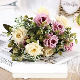 Decorative Flowers Simulation Silk Fringed Pink Roses Bouquet El DecorArtificial Rose Fake Flower Auditorium Decoration Green Plant