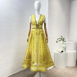 Casual Dresses 2024 Fashion Clothing Collection Silk Linen Yellow Paisley Print Sleeveless Bow Tie Front Women Pink Midi Dress