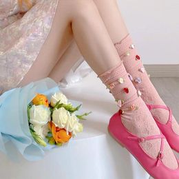 Women Socks 1 Pair Rose Decoration Mint Green Chinlon Comfortable Thin Breathable French Style Sweet Colorful JK Accessories