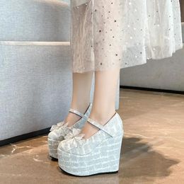 Dress Shoes Krasovki 10cm 12cm 15cm Lace Bling Rhinestone Platform Wedge Heels Super High Sexy Widding Summer Women Sandals