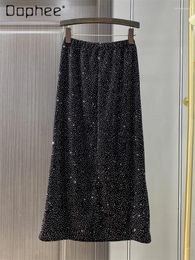 Skirts Woman Metallic Bright Silk Rhinestone Sheath Midi 2024 Summer Vintage Starry Sky Shiny Slimming Fishtail For Women