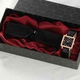 Wristwatches Women Simple Fashion Watch Leather Quartz Sunglasses Set Female Glasses Dress Clock Montre Femme