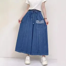 Women's Pants Mori Kei Clothing Japan Style Vintage Elastic Waist Cotton Blue Denim Wide Leg Women Summer Autumn Loose Jeans With Pocket