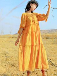 Party Dresses Khalee Yose Vintage Boho Yellow Midi Dress O-neck Tassels Tiered Lace Up Puff Sleeve Women Ruffles Holiday Casual Ladies