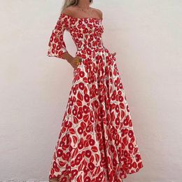 Party Dresses Elegant Pattern Print Pleat Dress Women Sexy One Shoulder Elastic Waist Long Casual Flare Sleeve Pocket Maxi