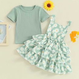 Clothing Sets Summer Toddler Clothes Baby Girls Outfit Kids Clothing Children Short Sleeve Ribbed Tops + Daisy Suspender Skirt Sets