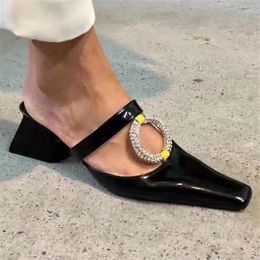 Slippers Circle Rhinestone Women Square Toe High Heels Ladies Mules Summer Gladiator Sandals Casual Slides Outdoor Slipper