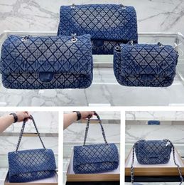 Classic Denim Blue CC Flap Luxury Shopping Designer Womens Handbag Crossbody Tote Shoulder Vintage Embroidery Print Silver Hardware Bags 3 Sizes