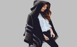 High quality women winter scarf fashion striped black beige ponchos and capes hooded thick warm shawls and scarves femme outwear L7059419