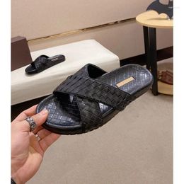 Slippers Genuine Leather Beach Shoes For Men's Anti Slip External Wear Casual Weaving Cross Strap One Line