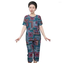 Running Sets Women Pyjama Top Ethnic Style Women's T-shirt Pants Set With Printed Cropped Trousers For Sport Outfit 2 Pcs/set