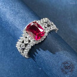 Cluster Rings Hollow Design Red Ruby Blue Sapphire Mirco Paving Clear Cubic Zircon 925 Sterling Silver Band Ring